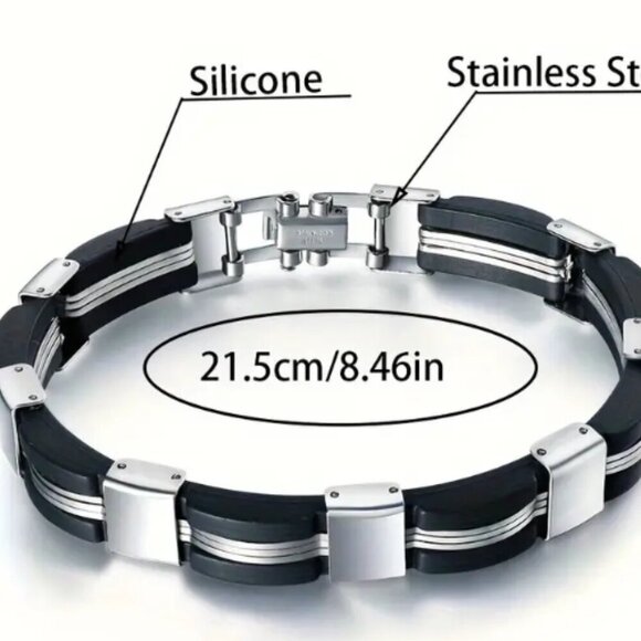NEW MENS Stainless Steel and  Silicone black silver tone Cuff Bracelet - Picture 2 of 4